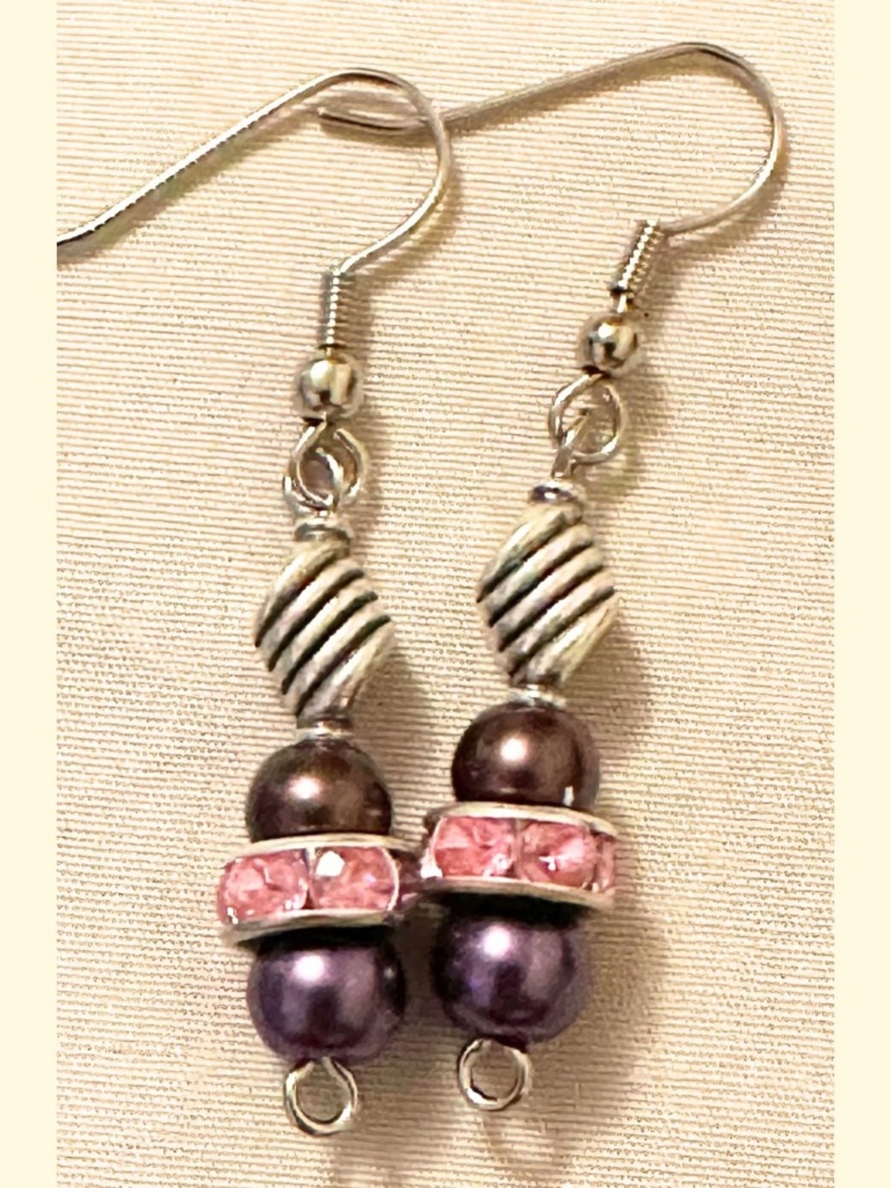 Handmade Purple & Brown Faux Pearl Pink Rhinestone Crystal Dangle Earrings NWOT